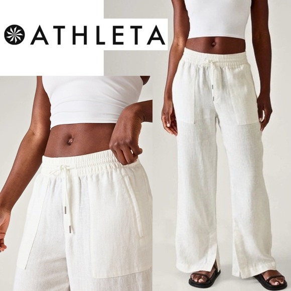 Athleta Pants - Athleta, White 100% Linen Blend Wide Leg Pants Size 16 Elastic Waist Drawstring